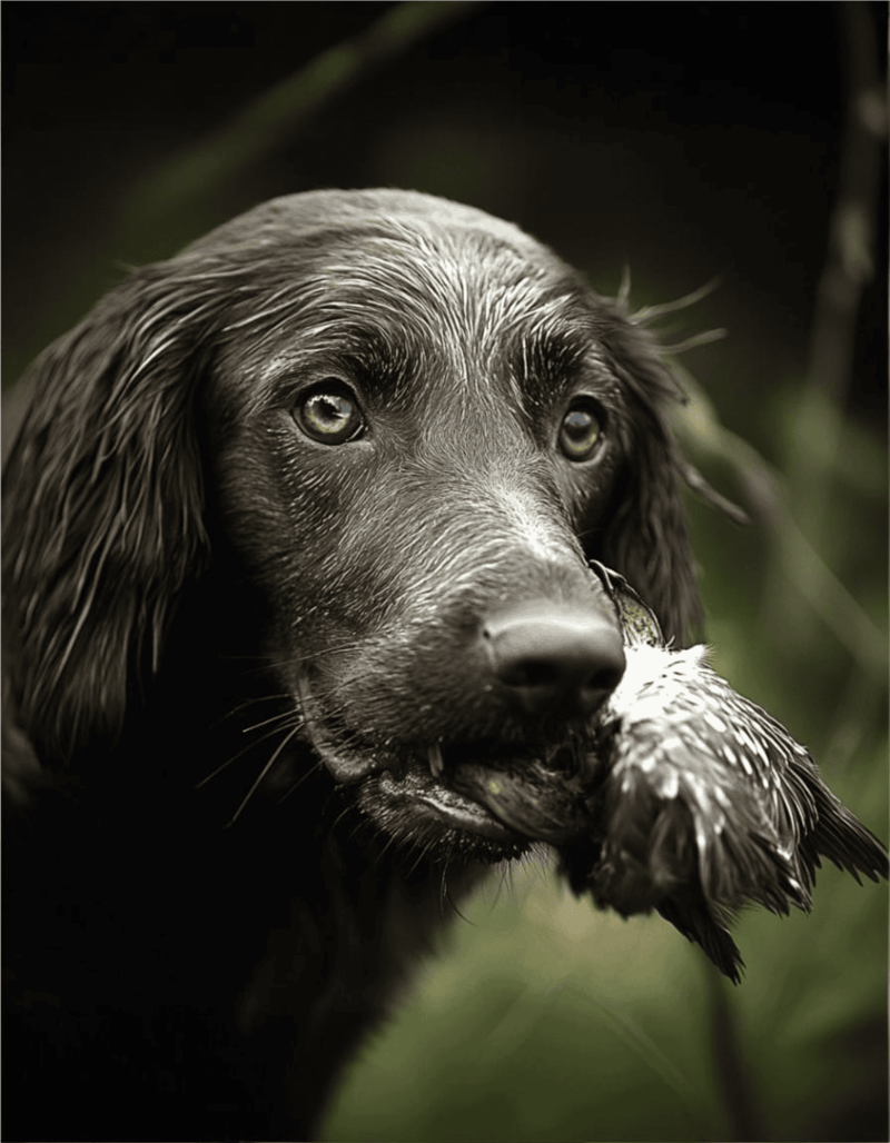 Labrador retriever dog holding a bird in its mouth outdoors, showcasing hunting or wildlife interaction.