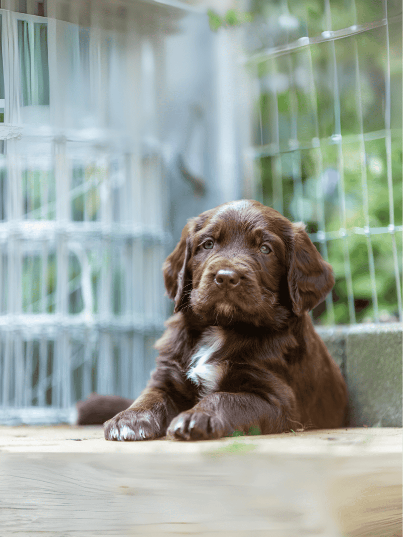 Adorable brown puppy relaxing outdoors in kennel, cute puppy, pet care, dog shelter, outdoor dog resting, canine comfort.