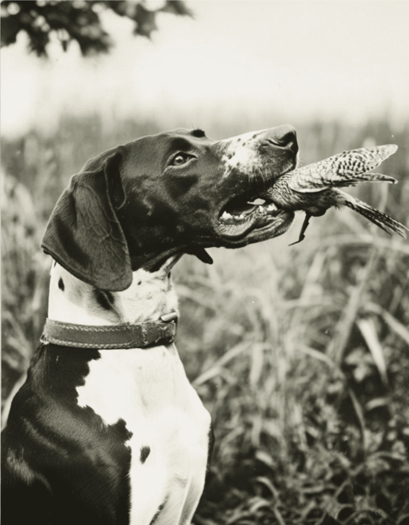 Dog with a bird in its mouth outdoors in a natural setting.