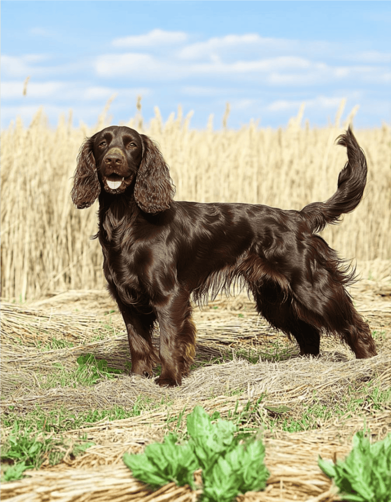 A cheerful Irish Setter dog standing in a wheat field, enjoying a sunny day outdoors, showcasing a playful and energetic demeanor perfect for pet lovers.