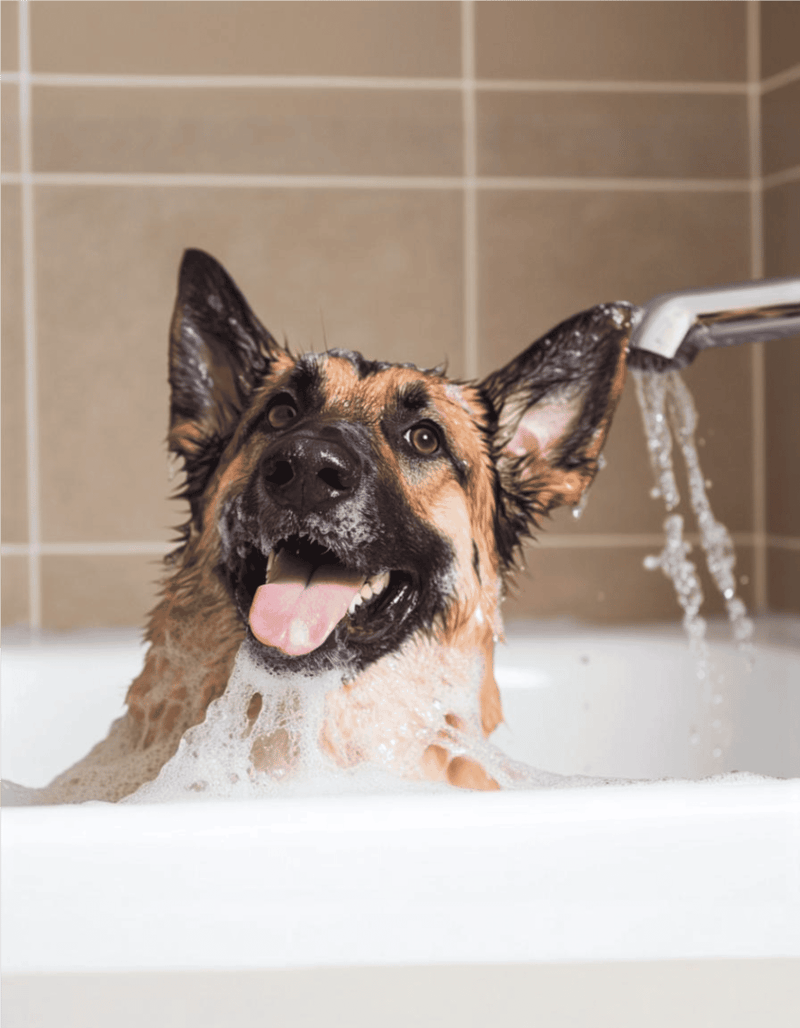 Playful, happy dog enjoying a bath, receiving professional grooming at Dogfix pet care services.