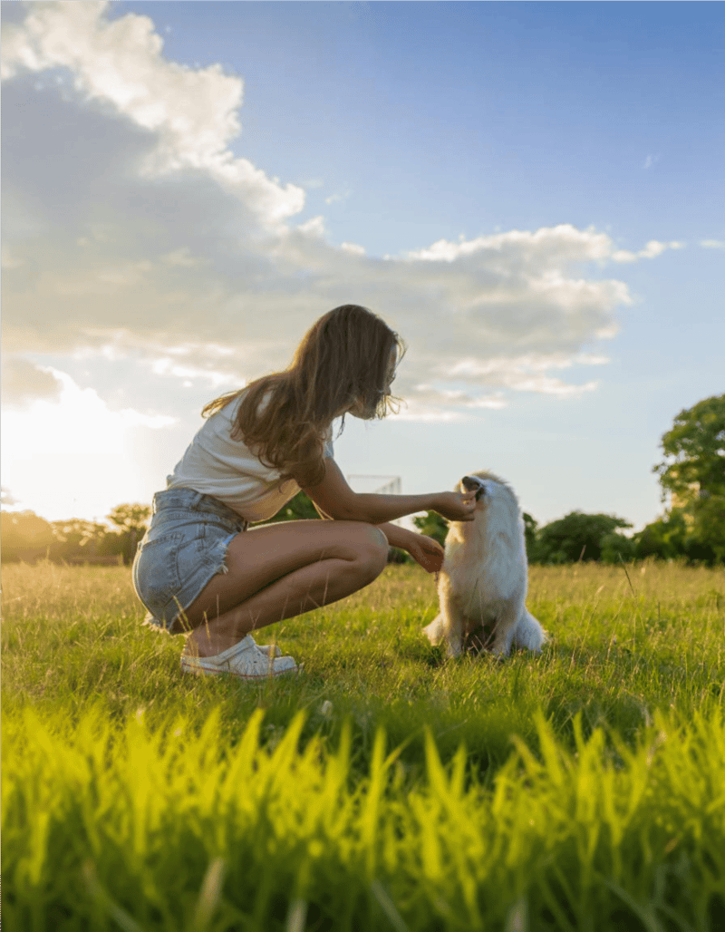 Happy woman training her dog in a grassy park at sunset.