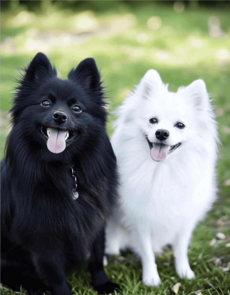 Adorable black and white Pomeranians smiling in a lush green park.