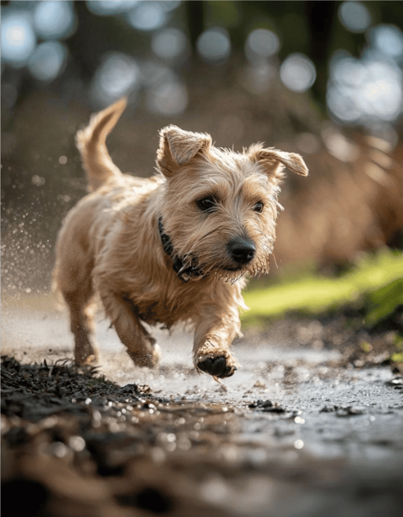 Adorable puppy running through muddy ground, enjoying playtime in nature.