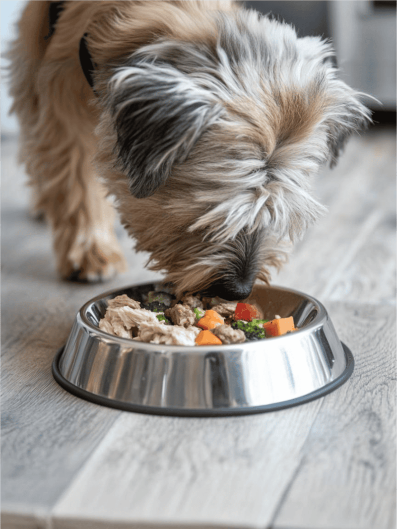 Dog eating high-quality, nutritious pet food from stainless steel bowl.