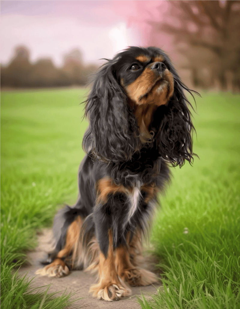 Black and white Cavalier King Charles Spaniel outside in greenery.