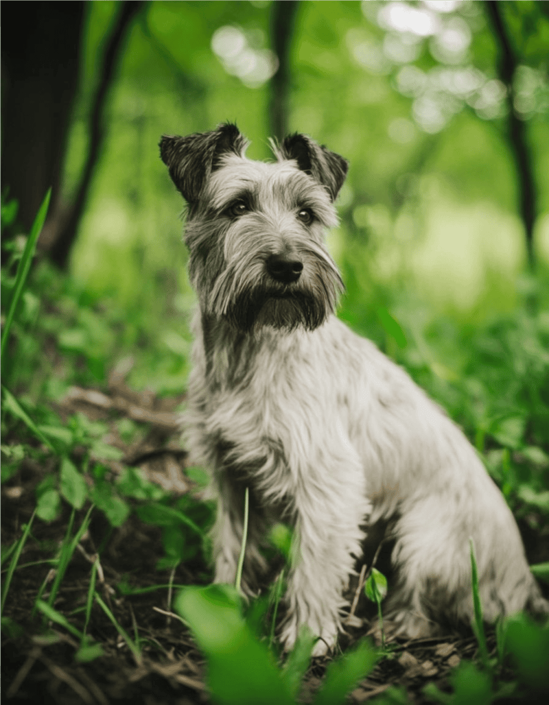 Adorable mixed breed dog sitting outdoors in a lush green forest setting.
