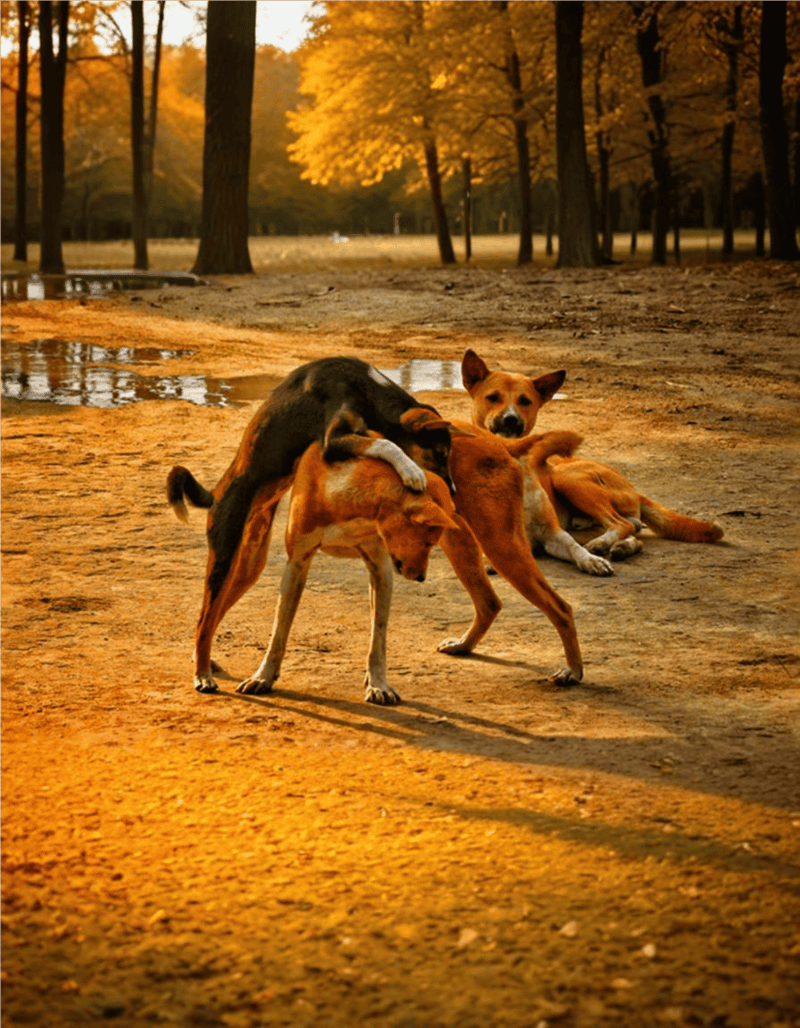 Playful puppies resting in autumn park setting with trees and colorful leaves.