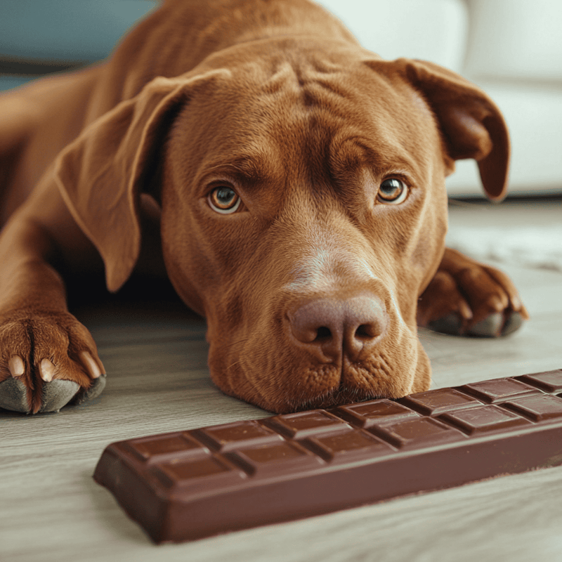 Close-up of adorable dog lying on floor with chocolate bar.