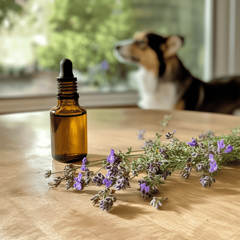 Dog-friendly lavender oil on wood table with a dog in the background.