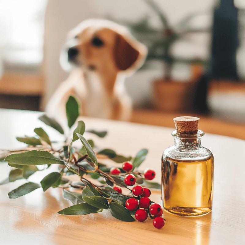 High-quality herbal oil bottle with fresh foliage and berries, suitable for pet wellness products.