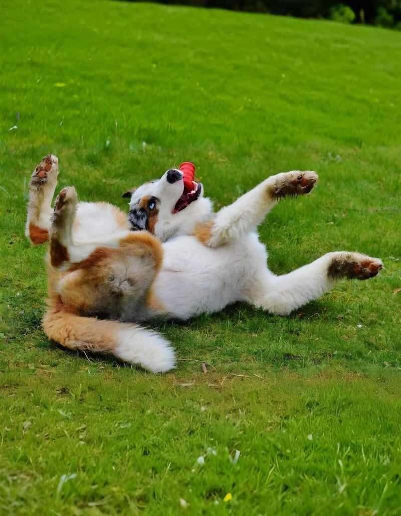 Adorable Australian Shepherd puppy playing on lush green lawn, highlighting pet care and training services from Dogfix.