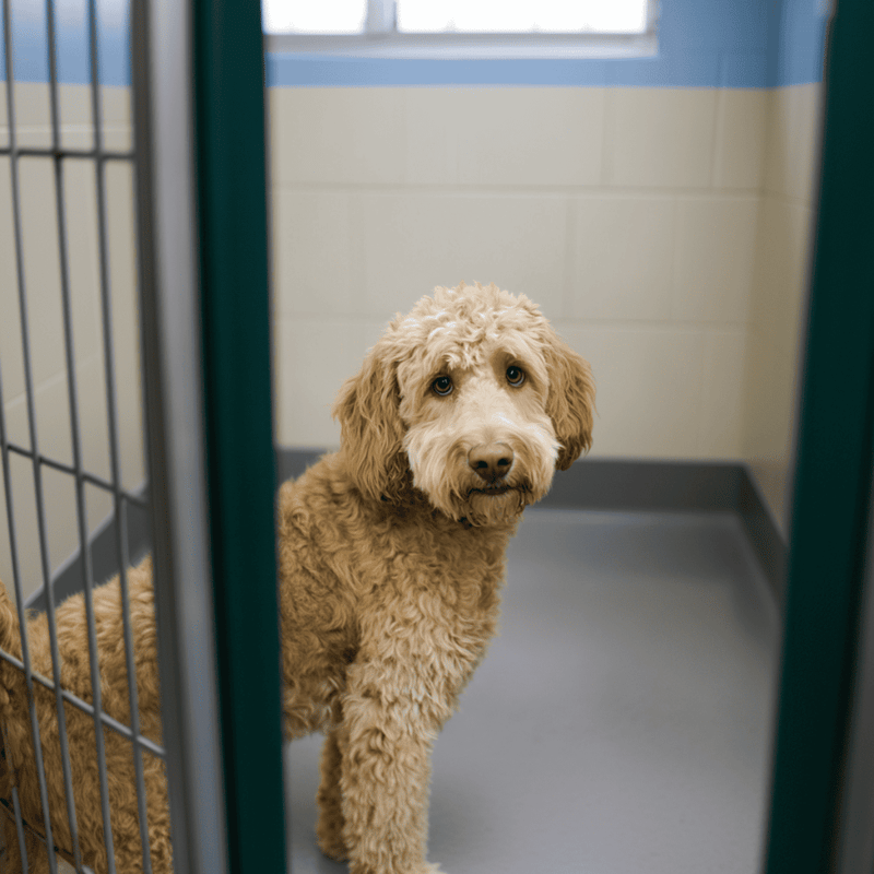 Adorable, curly-haired dog in animal shelter kennel ready for adoption, seeking a loving home.
