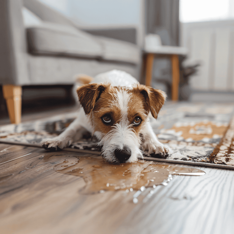Adorable puppy lying on flooded hardwood floor, showing playful water spill, perfect for pet owner tips.