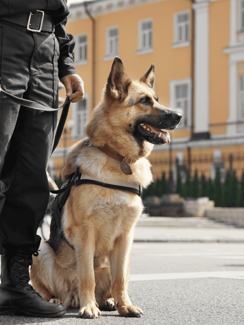 Adorable German Shepherd dog with harness sitting on city street, ready for walk or training.