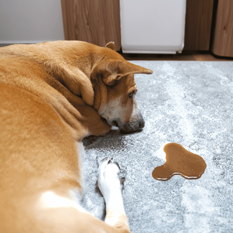 Dog licking spilled chocolate on the floor, looking worried.