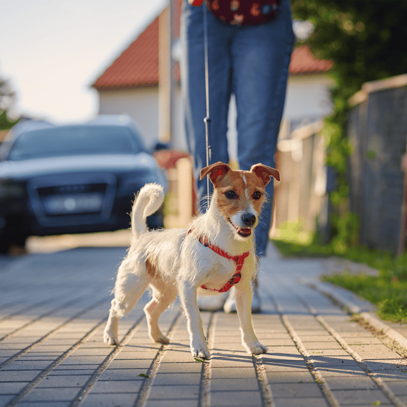 Adorable small dog on leash enjoying a walk outdoors.