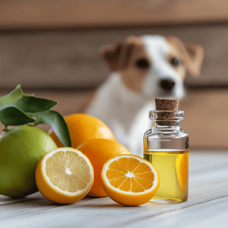 Dog and citrus fruits, featuring lemon and orange with a small bottle of essential oil, emphasizing natural pet health solutions.