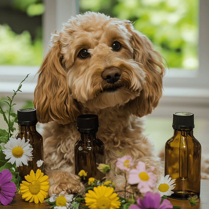 Cute dog with essential oils and flowers, promoting pet health and calming therapies.