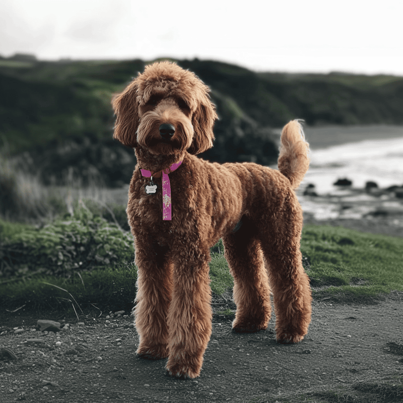 Adorable brown Labradoodle puppy outdoors by the ocean with cliffs in the background, wearing a pink collar.