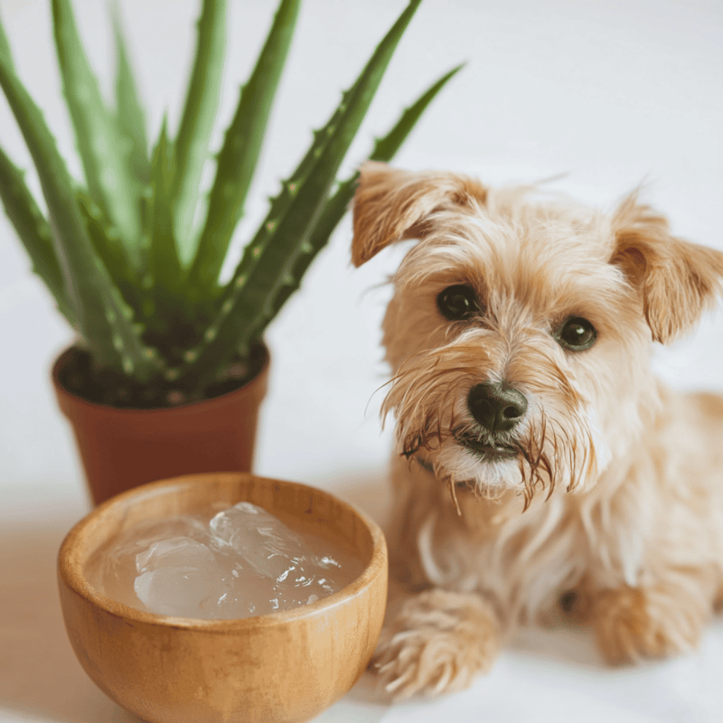 Adorable small dog with a curious expression next to a bowl of ice and a potted plant, showcasing pet accessories and hydration.