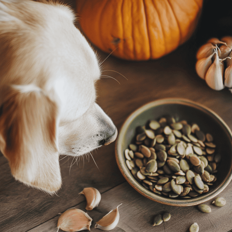 Close-up of a dog sniffing a bowl of pumpkin seeds with pumpkin and garlic on background.