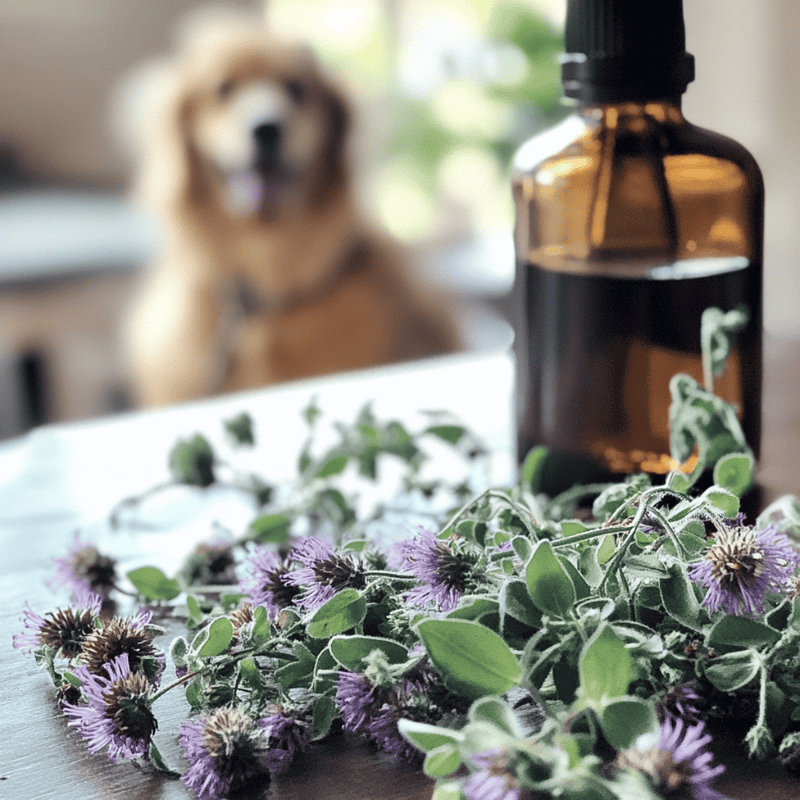 Healthy dog relaxing with aromatherapy lavender oil in the foreground.