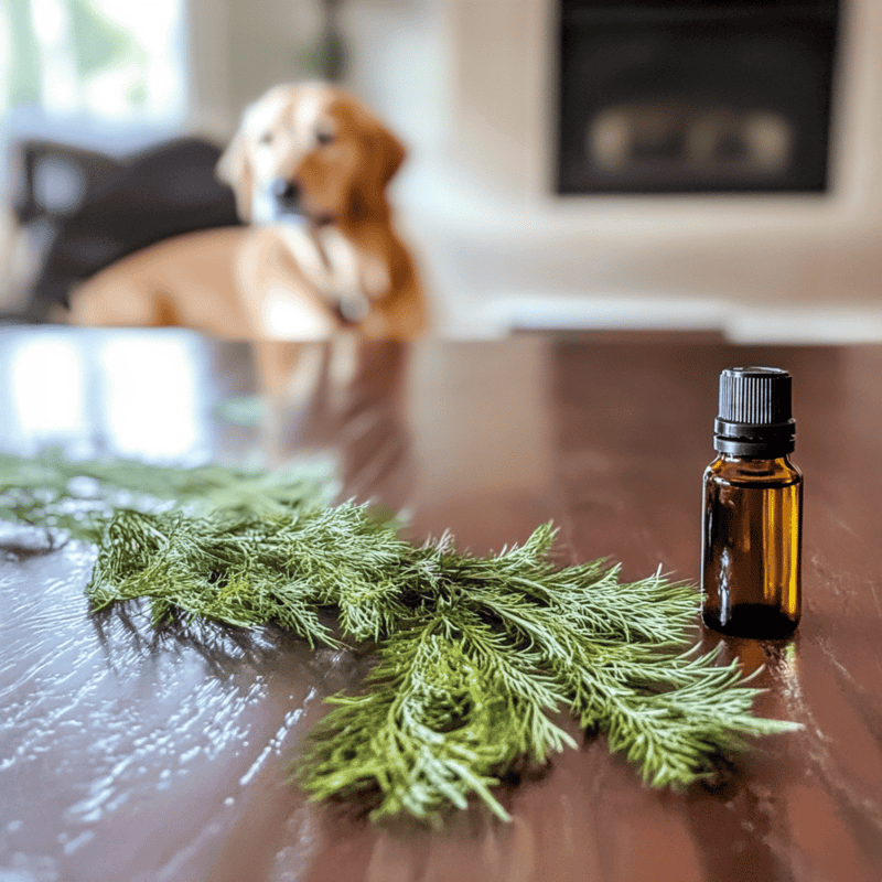 CBD oil bottle and fresh hemp leaves on wooden table, dog relaxing indoors, safe pet CBD products, natural health for dogs.