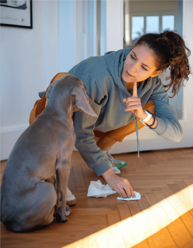 Friendly dog training session with woman indoors, emphasizing obedience and communication.