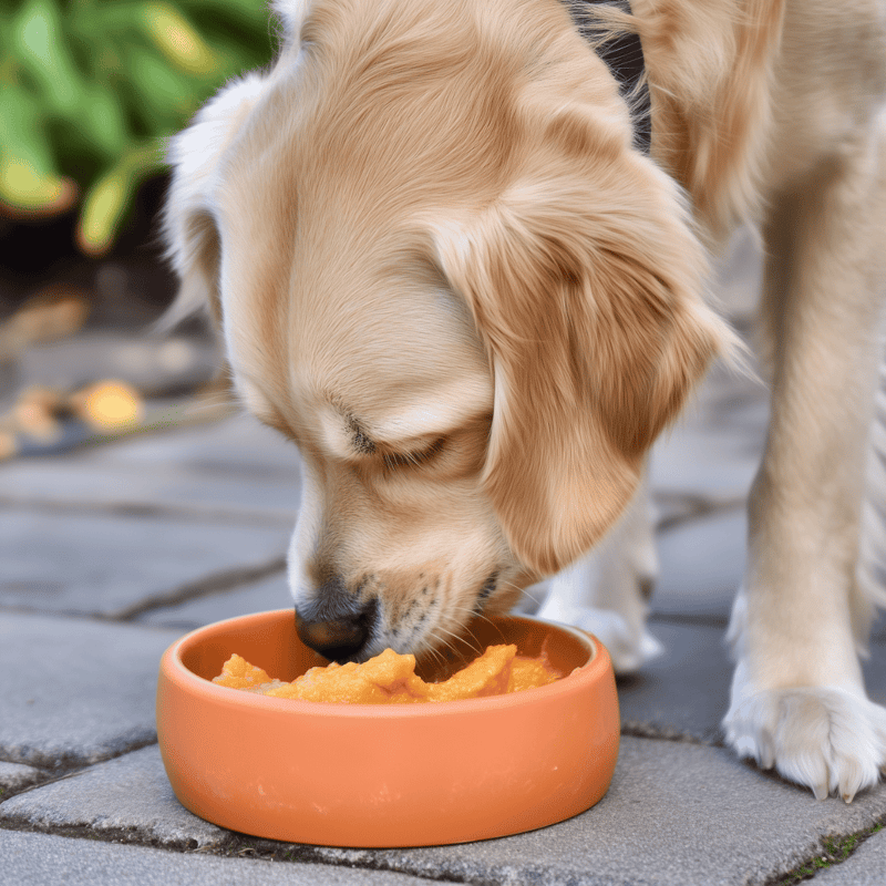 Golden retriever eating dog food in bowl outdoors.