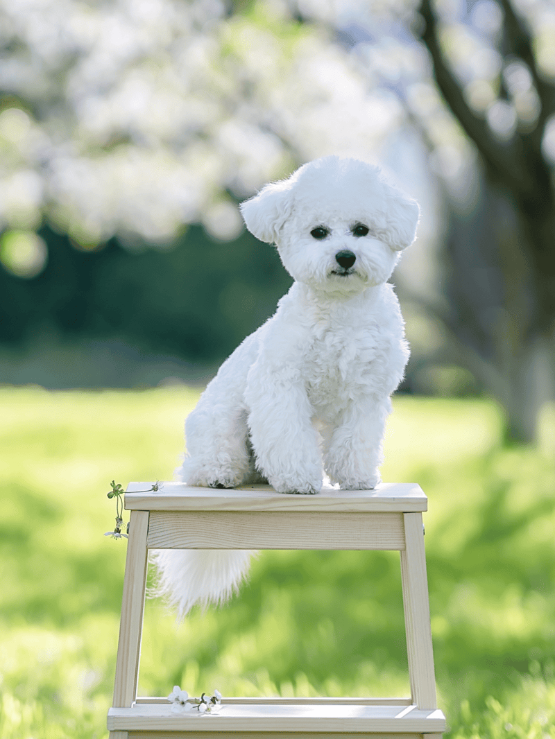 Adorable white fluffy dog on a wooden bench in a sunny outdoor park setting.