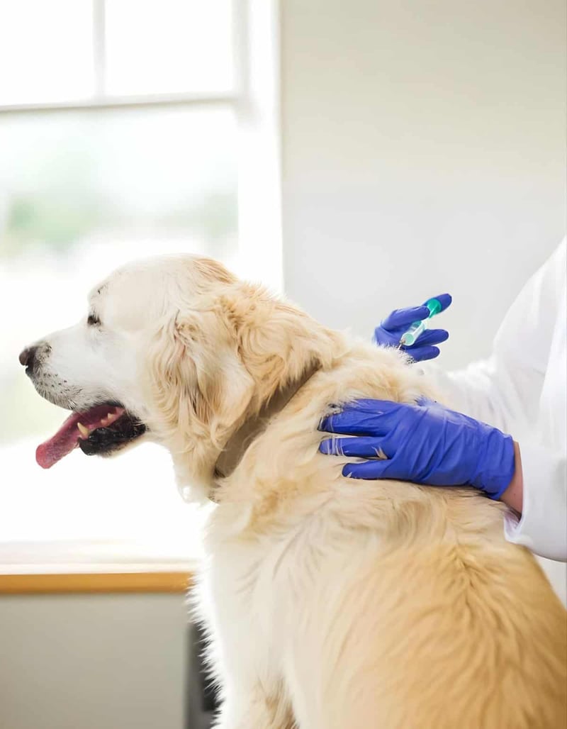 Dog vaccination being administered by veterinarian with syringe and gloves.