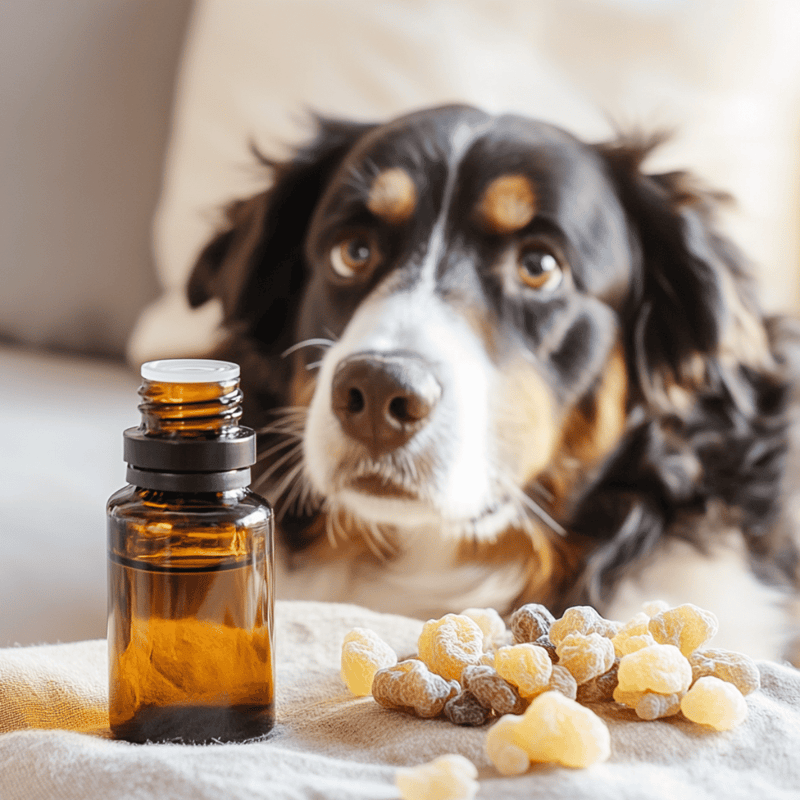 Dog with CBD oil and hemp treats.