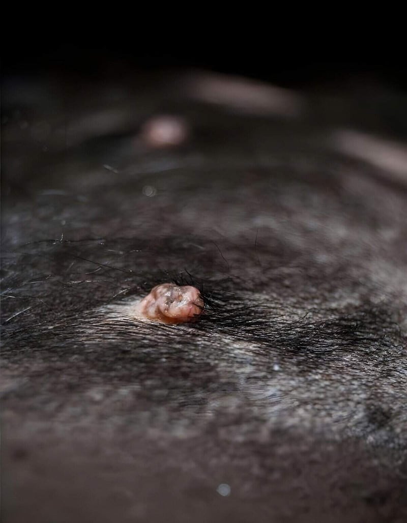 Close-up of a dog’s skin showing a wart or skin growth, highlighting skin health concerns.