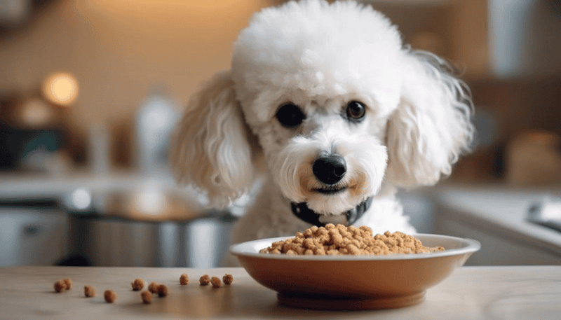 Cute white poodle with a bowl of dog food in a modern kitchen setting.