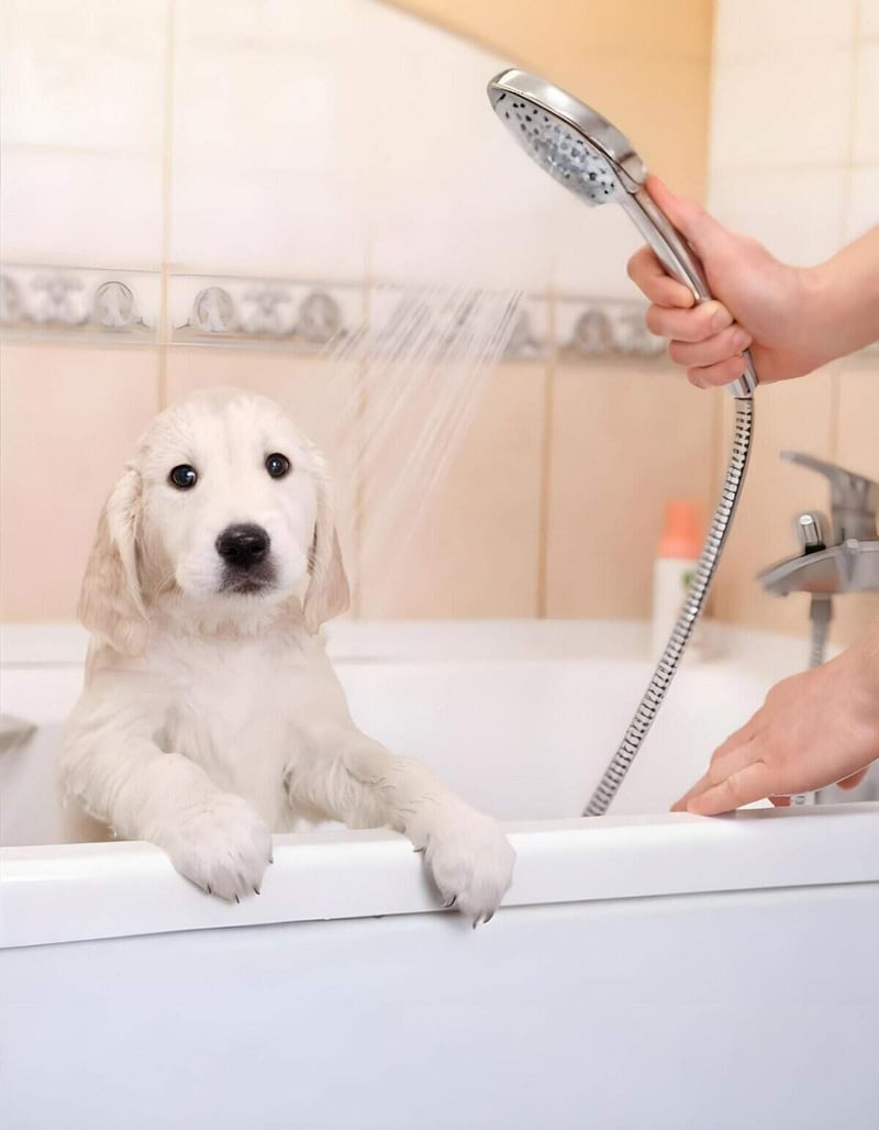 Cute Golden Retriever puppy in bathtub during bath, getting groomed with showerhead for fresh pet hygiene.
