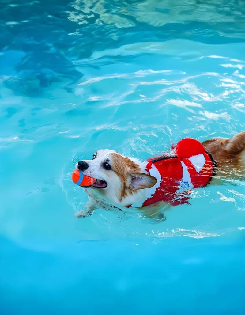 Dog swimming with a toy in pool, enjoying water fun and safety.
