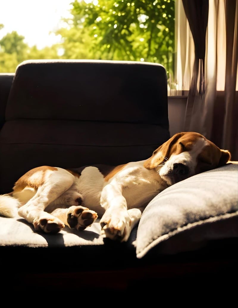 Dog resting peacefully on a cozy couch with sunlight streaming through the window.