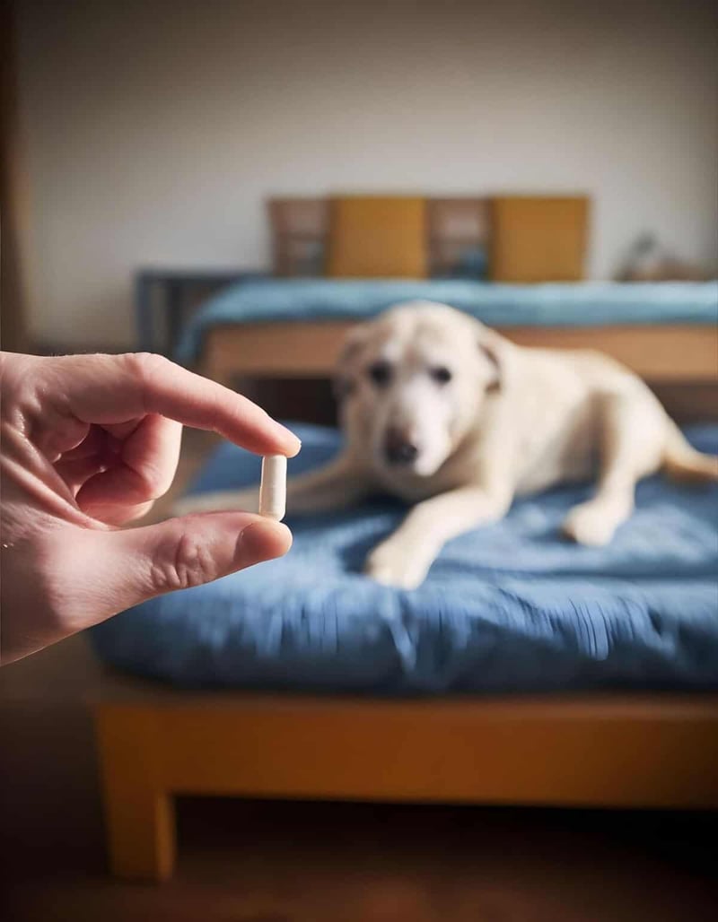 Close-up of a hand holding a pill with a lying dog in the background.