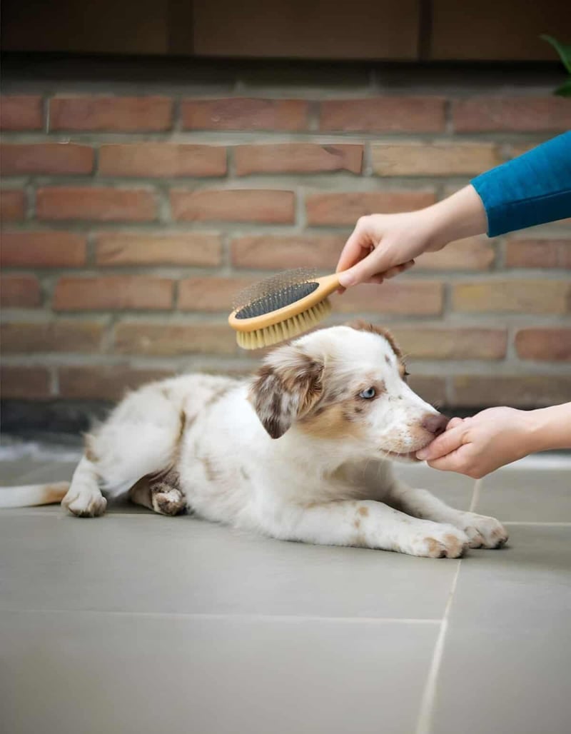 Dog being groomed with brush, professional dog grooming for puppy hygiene and health, pet care services at Dogfix.com.