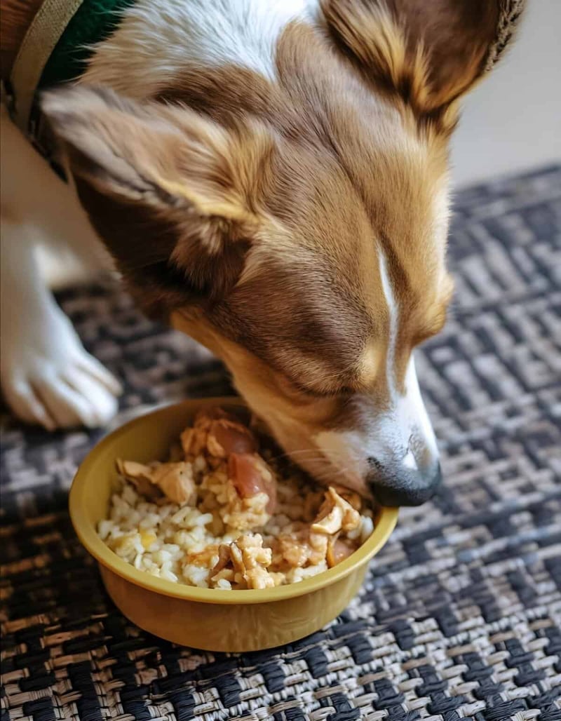 Dog eating nutritious homemade dog food in a yellow bowl.
