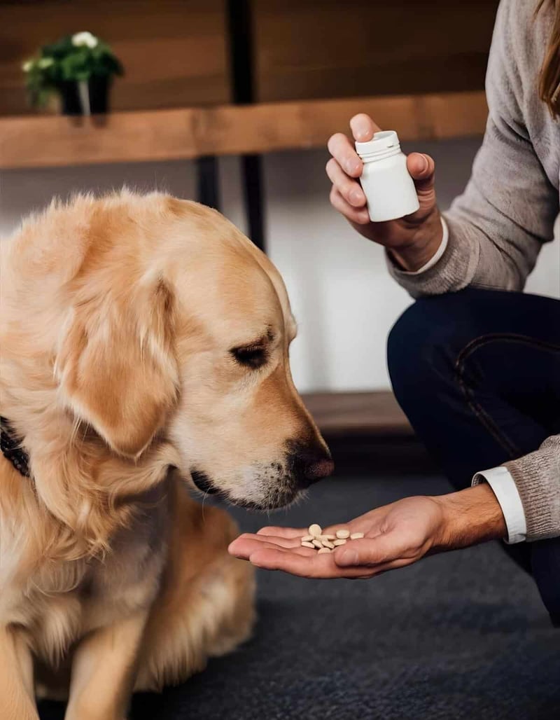 Close-up of a golden retriever receiving supplements from owner in a cozy home.