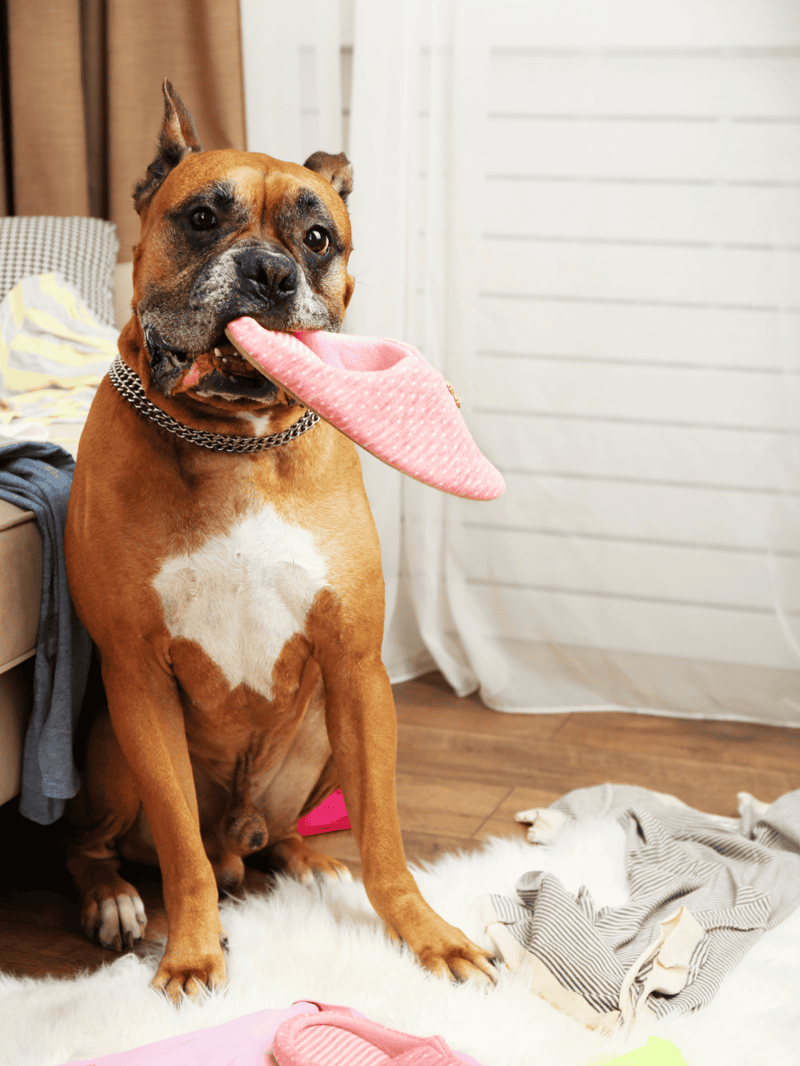 Adorable dog chewing a pink plush toy, sitting on a cozy white rug amidst laundry and home decor.