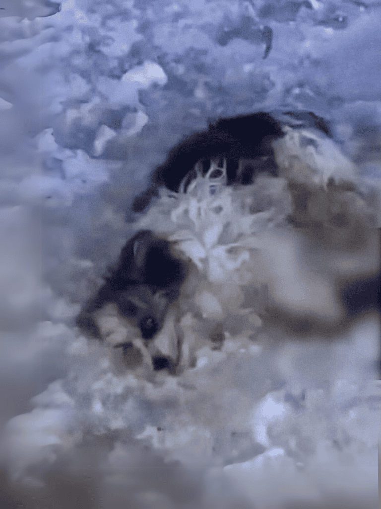 Energetic husky dog sledding in deep snow on a winter day.