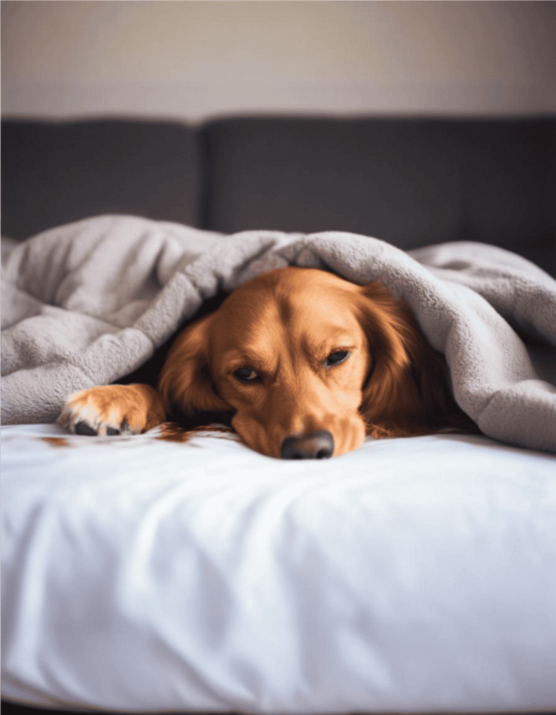 Comfortable dog lying under a soft blanket, emphasizing pet relaxation and health support.