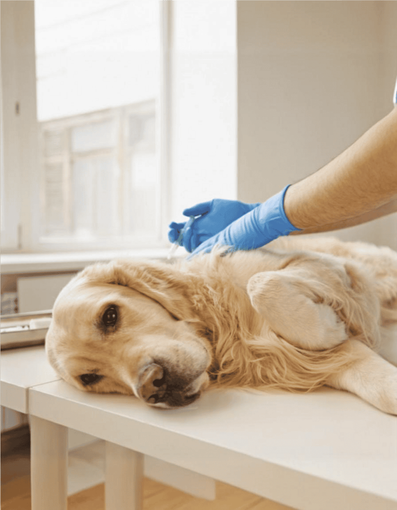 A veterinarian examining a golden retriever dog during a health checkup at the veterinary clinic.
