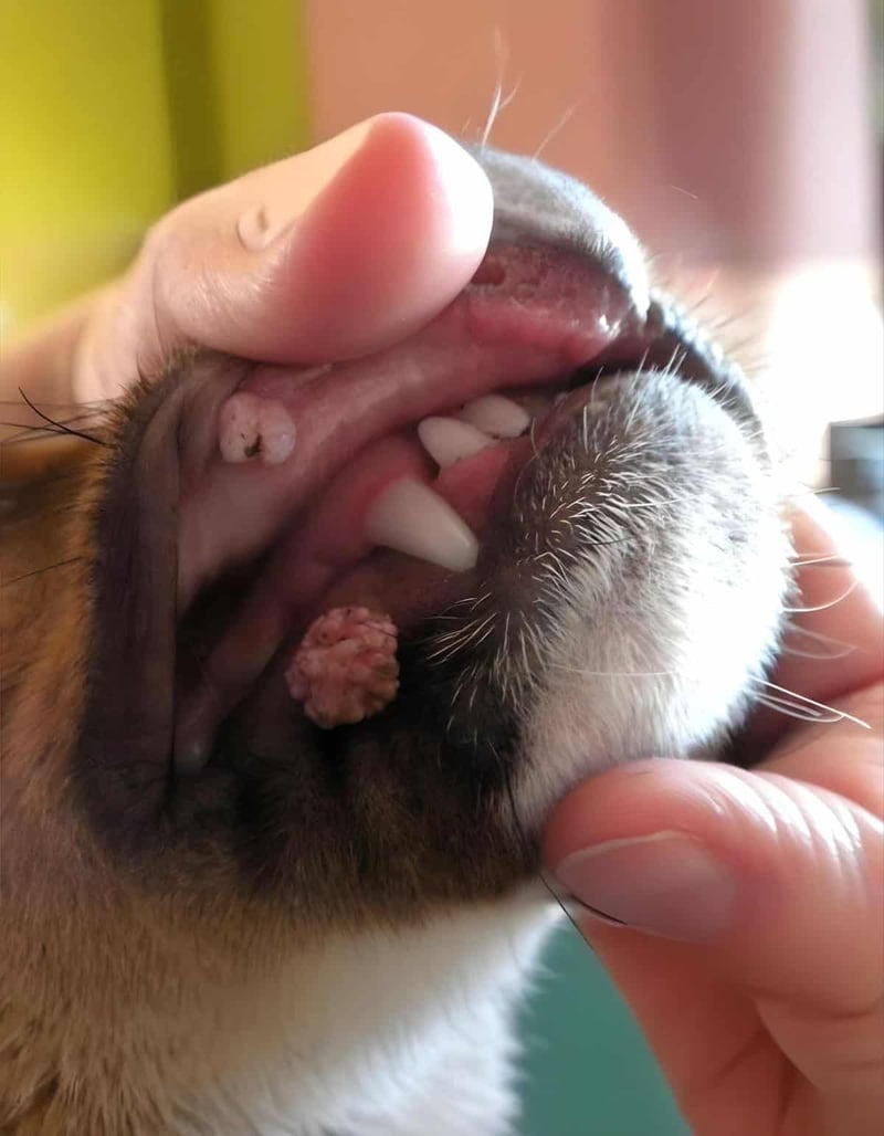 Close-up of a dog’s mouth showing dental issues and plaque accumulation.