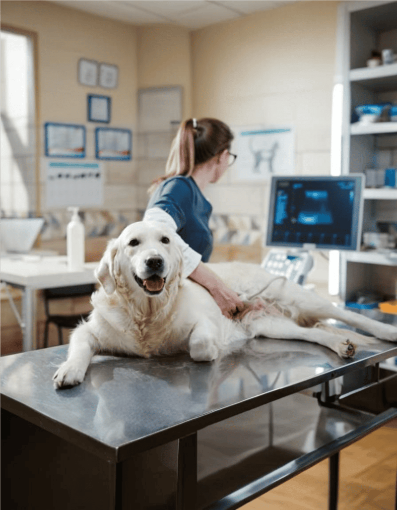 Dog undergoing ultrasound in veterinary clinic, monitored by veterinarian for health assessment.