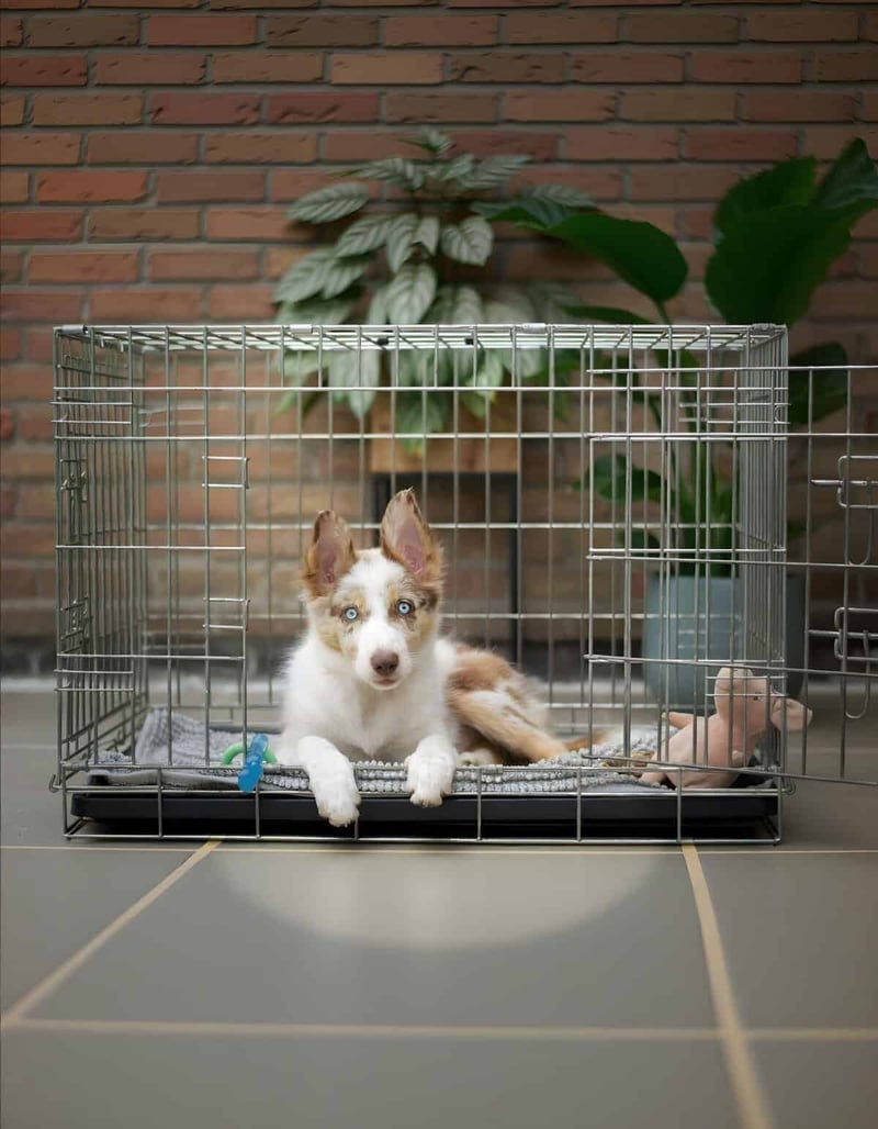 Adorable border collie mix puppy inside a metal dog crate, surrounded by plants and indoor decor.