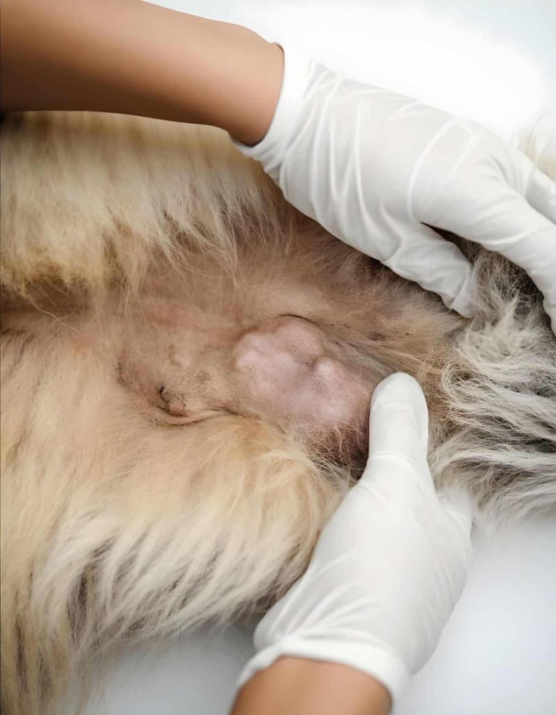 Vet checking dog’s skin for health issues with gloved hands.